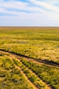 Scene with fork roads in steppe on sunset sky background