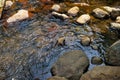 Scene of fresh water stream flow and natural river hard rock with lichen, small wave and light reflection background in Kurokawa Royalty Free Stock Photo