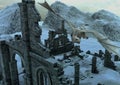 A scene of a frozen castle in the mountains with a huge dragon flaying.