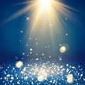 Scene with glitter and bokeh effect. Light rays and golden falling glittering dust. Shiny studio background. Vector illustration Royalty Free Stock Photo