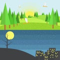 Scene Of Hills Day And Night.Flat Style Vector Design.