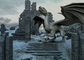 A scene with a huge dragon in a frozen fantasy castle.