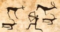 A scene of hunting for ancient animals on the wall of the cave. Royalty Free Stock Photo