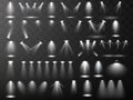 Scene illumination collection. Big set Bright lighting with spotlights. Spot lighting of the stage.Vector spotlight. Light effect. Royalty Free Stock Photo