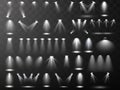 Scene illumination collection. Big set Bright lighting with spotlights. Spot lighting of the stage.Vector spotlight. Light effect. Royalty Free Stock Photo