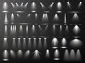 Scene illumination collection. Big set Bright lighting with spotlights. Spot lighting of the stage.Vector spotlight. Light effect. Royalty Free Stock Photo