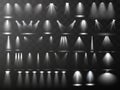 Scene illumination collection. Big set Bright lighting with spotlights. Spot lighting of the stage.Vector spotlight. Light effect. Royalty Free Stock Photo