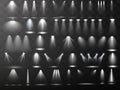 Scene illumination collection. Big set Bright lighting with spotlights. Spot lighting of the stage.Vector spotlight. Light effect. Royalty Free Stock Photo