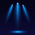 Scene illumination, on a dark background. Bright lighting with three spotlights. Spotlight on stage for website design.vector