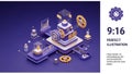 3D illustration of an abstract network featuring interconnected elements res?mbling microchips in a purple and gold color scheme. Royalty Free Stock Photo