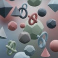 The scene includes polyhedra, torus knots, pyramids, and spher Royalty Free Stock Photo