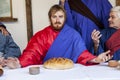 Scene of Jesus life. Mystery of the Passion - Actors reenacting Jesus and his disciples at the last supper Royalty Free Stock Photo