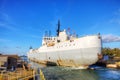 Scene of Lake Freighter moving through the Welland Canal in Canada