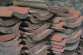 Scene of leftover red rooftiles on the ground Royalty Free Stock Photo