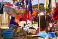 Scene life in the village market, authentic place and behaviour. Vibrant colors