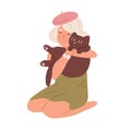 Scene with little kid hugging cat. Happy child sitting and holding with adorable pet. Cute smiling girl with animal