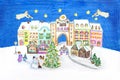 hand drawn scene - little town with christmas market. angels playing the trumpet