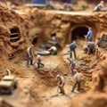 scene Little toy people are conducting archaeological excavations in the village. Royalty Free Stock Photo