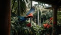 Scene with a majestic parrot soaring against a background of green foliage
