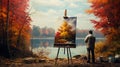 Scene of a man painting a picture in an autumn forest glade