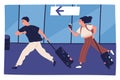 Scene of man and woman hurrying to flight at airport terminal vector flat illustration. Couple running carrying baggage Royalty Free Stock Photo