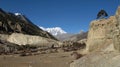 Scene in Manang, fields in high altidude surroundet by mountains Royalty Free Stock Photo