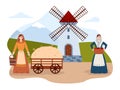 Scene of medieval village life with peasant women, flat vector illustration.