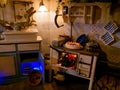 Scene of messy kitchen with Dinosaurs in oven and sink