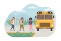 Scene of multiethnic, mix race kids picked up by yellow school bus. Children going back to school. Vector illustration Royalty Free Stock Photo