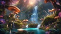 scene with mushrooms Fantasy mural of a magical landscape, with glowing flowers, vines, mushrooms, crystals,