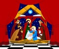 Scene of the Nativity of Christ and Adoration of the Magi in frame of red curtain Royalty Free Stock Photo