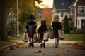 children wearing Halloween costumes and holding bags for trick or treat. Royalty Free Stock Photo