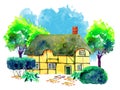 Scene with old stone Europe village house, trees, bushes and plants. Hand drawn watercolor illustration with blue background Royalty Free Stock Photo