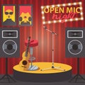 Scene with open mic, guitar, microphone and audio speakers. Square composition of club interior