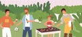 Scene of people at outdoor barbecue party. Man cooking BBQ meat and sausages, friends chatting and drinking beer Royalty Free Stock Photo