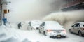 People walk along a city street during a snowfall in winter in the city. Blizzard. winter storm. Generative AI Royalty Free Stock Photo