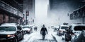People walk along a city street during a snowfall in winter in the city. Blizzard. winter storm. Generative AI Royalty Free Stock Photo