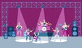 Scene of performance of rock band on stage, cartoon flat vector illustration. Royalty Free Stock Photo