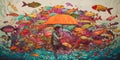 Scene of a person using an umbrella to float through a sky filled with colorful fish, evoking a sense of wonder and