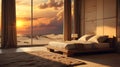 scene of place for rest with bed. interior of bedroom with sunset beach in panoramic window Royalty Free Stock Photo