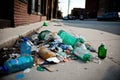 scene of plastic bottle garbage overflowing, with trash spilling onto the sidewalk