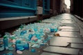 scene of plastic bottle garbage overflowing, with trash spilling onto the sidewalk