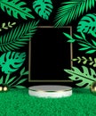 Scene podium display with green tropical leaf background Computer generated image
