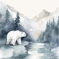 scene of polar bear in river side with mountain view in water color vector art