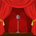 Scene with red curtains and retro microphone. Vector illustration in cartoon style Royalty Free Stock Photo