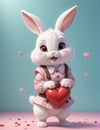 A very adorable anthropomorphic rabbit holding a toy, smiling.