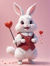 A very adorable anthropomorphic rabbit holding a toy, smiling.