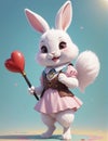 A very adorable anthropomorphic rabbit holding a toy, smiling.