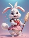 A very adorable anthropomorphic rabbit holding a toy, smiling.