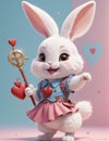 A very adorable anthropomorphic rabbit holding a toy, smiling.